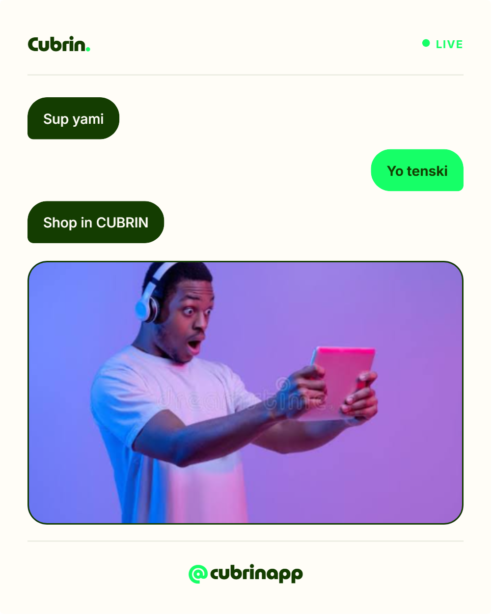 Cubrin Chat banner template — Sup yami, Yo tenski conversation promoting a shop