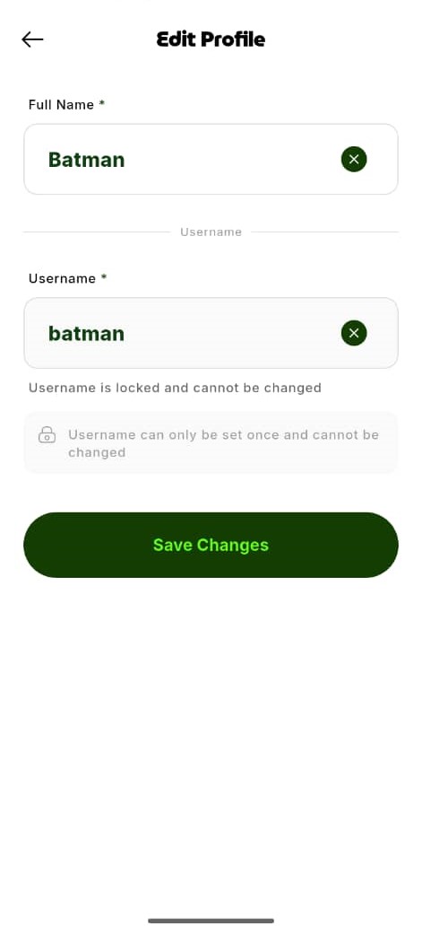 Cubrin Edit Profile screen showing the username field and locked username notice