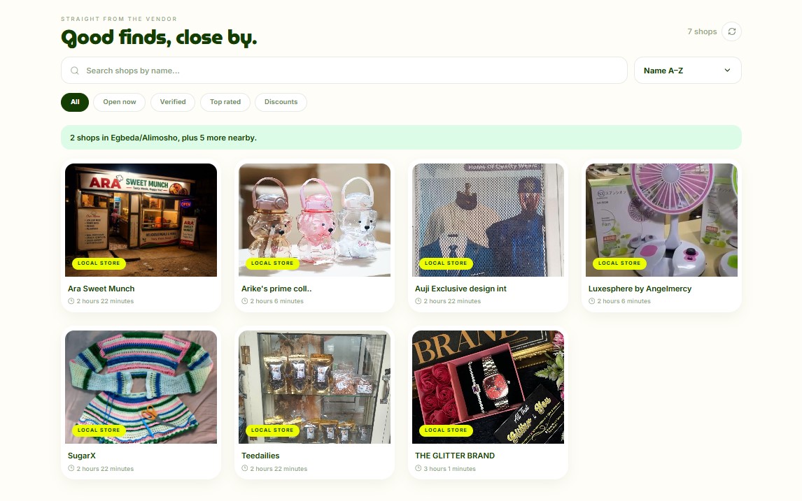 Cubrin Shops Marketplace at shops.cubrin.com showing local vendors with travel times