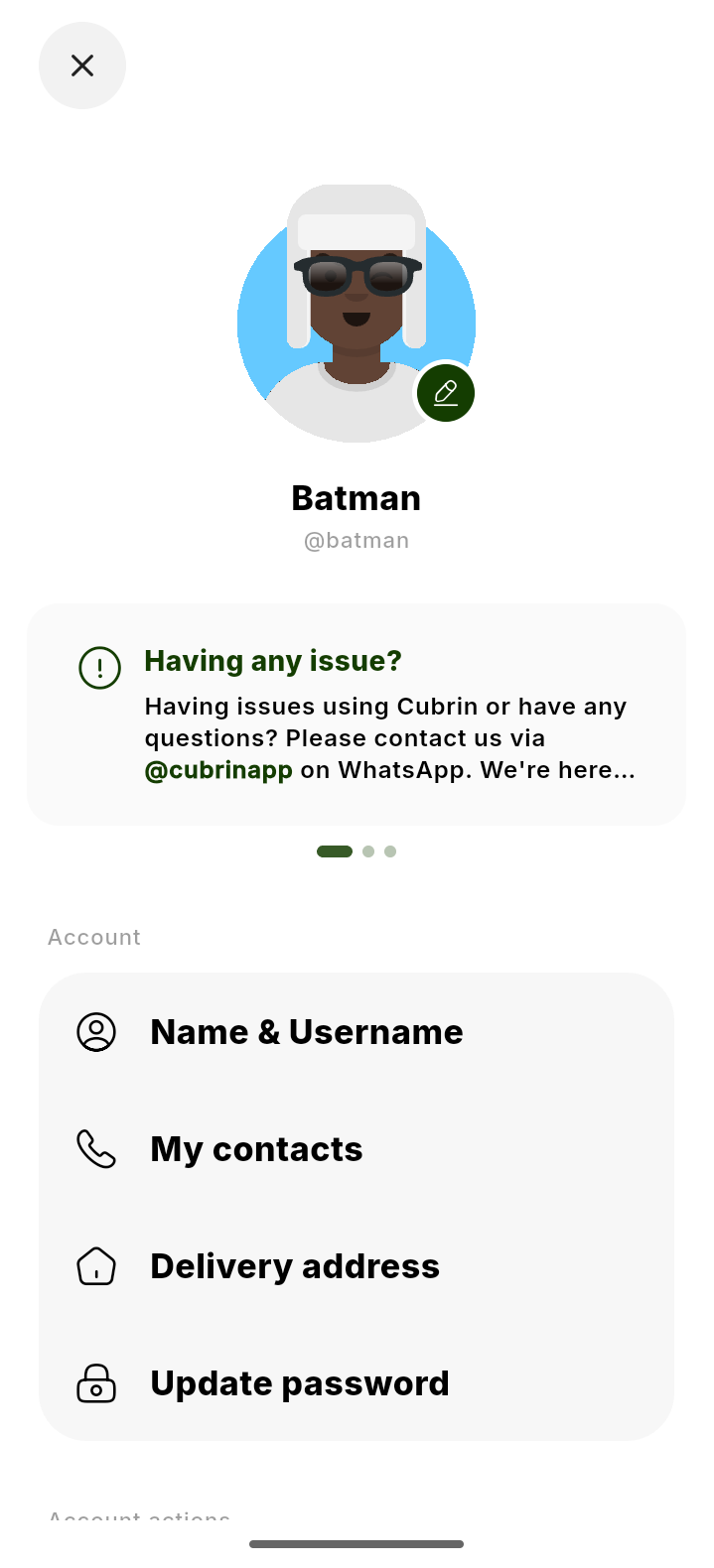 Cubrin profile settings menu showing the Name and Username option