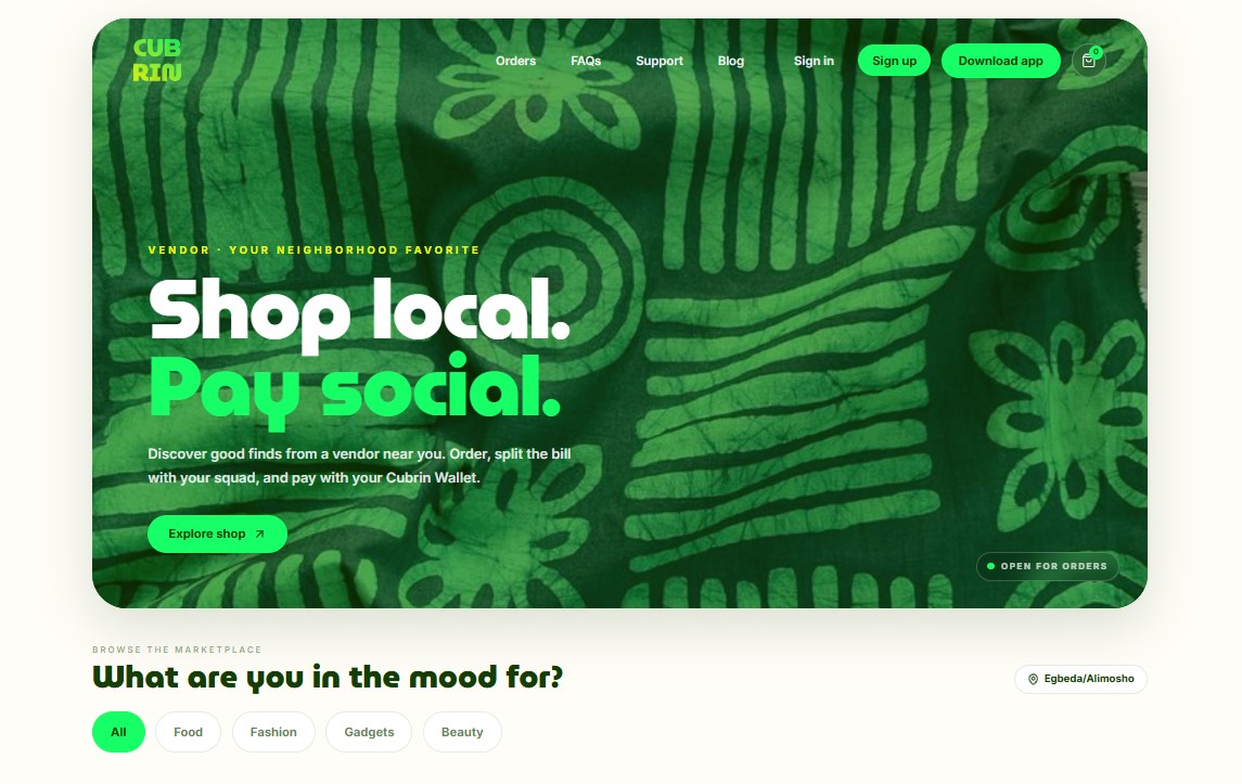 Cubrin live vendor storefront on a custom subdomain showing products, prices, and cart drawer