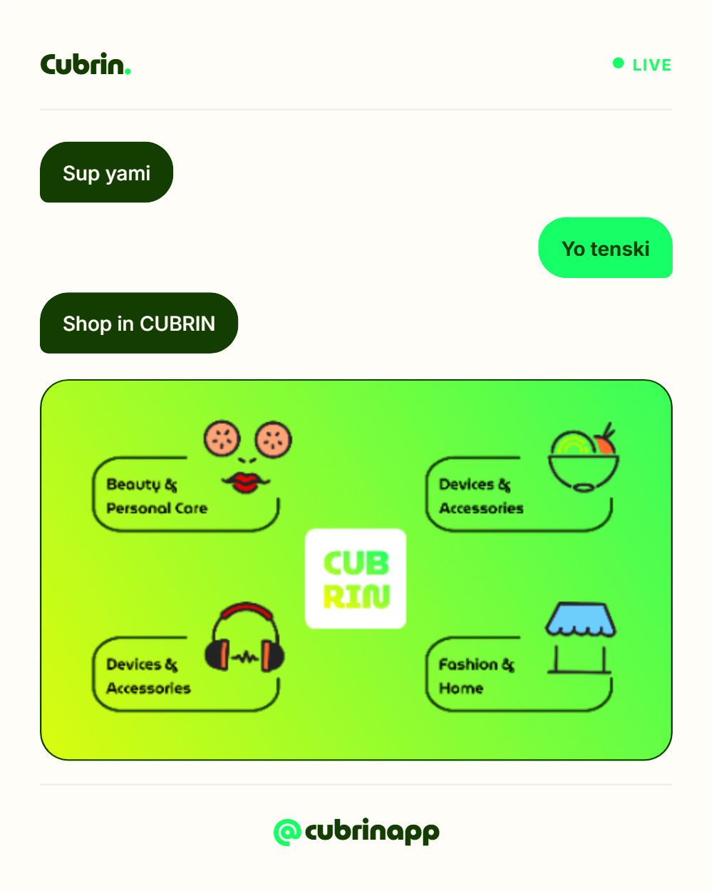 Cubrin Chat banner template — Sup yami, Yo tenski, Shop in CUBRIN chat bubbles with category icons
