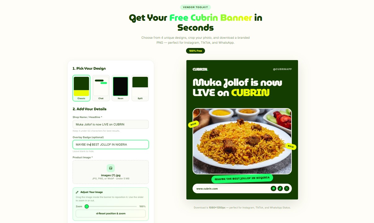 Cubrin vendors using the free banner generator to create branded promo images