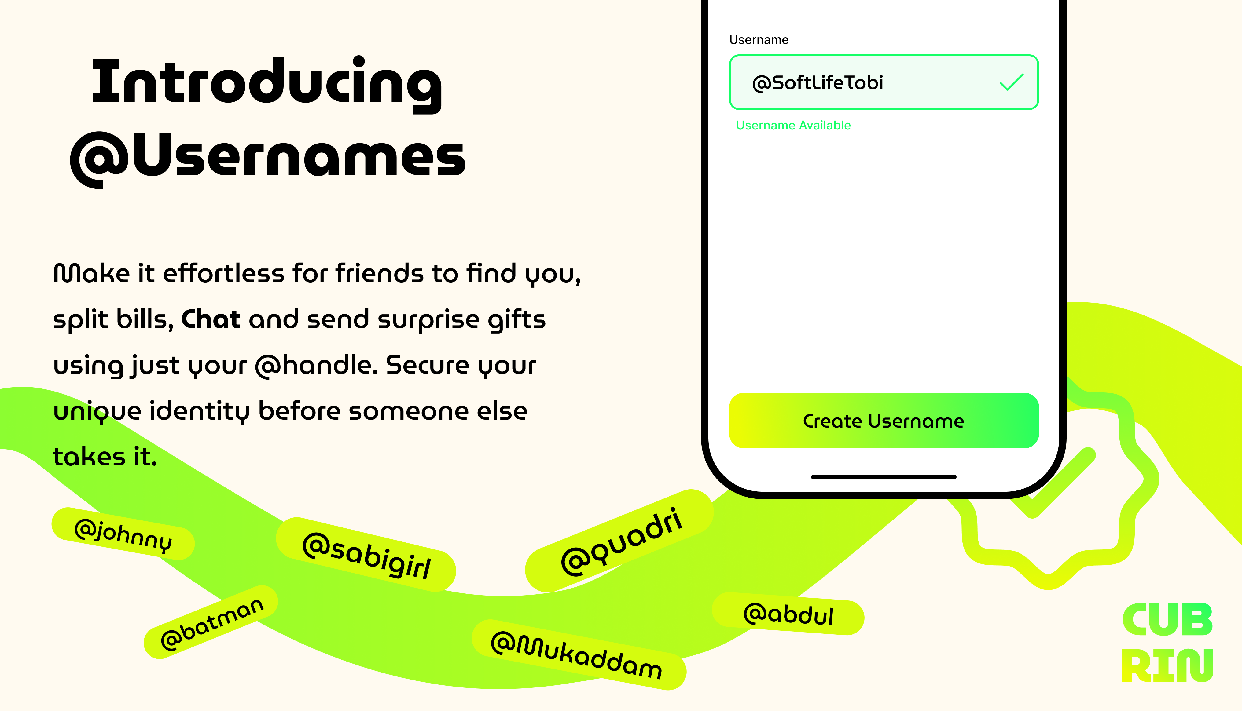 Introducing Cubrin Usernames — find friends, split bills, and chat using just an @handle on Cubrin