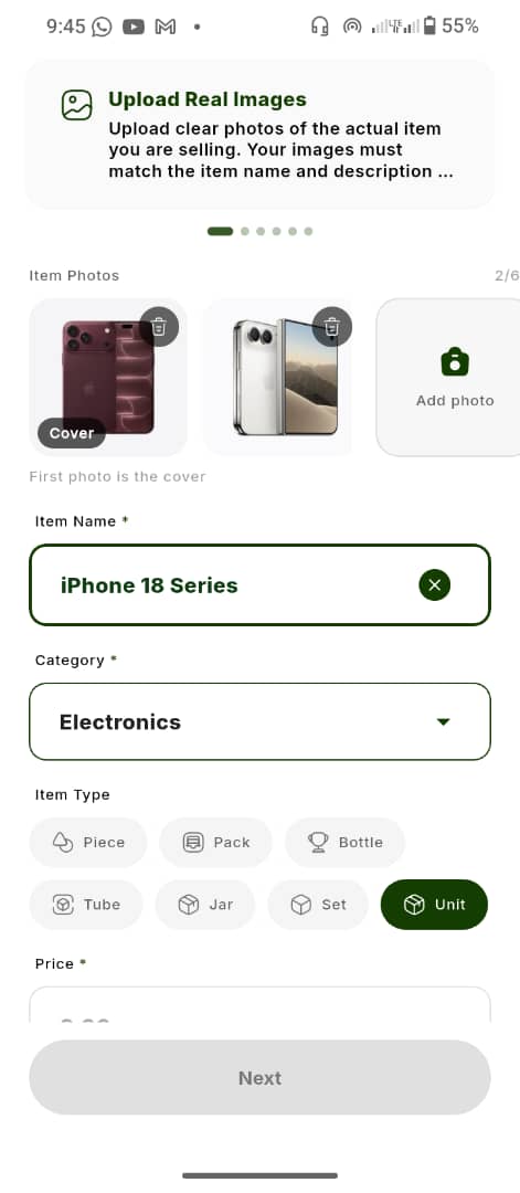 Cubrin merchant dashboard Create Item screen showing product photo uploads and base item details