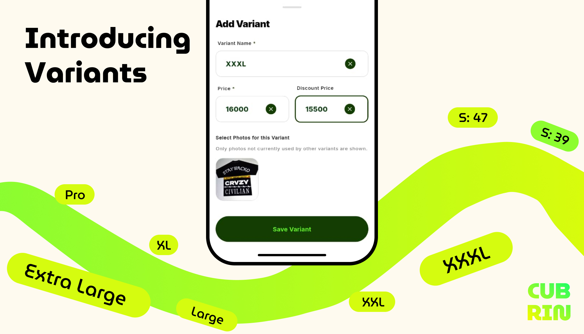 Cubrin item variants — group sizes, colors, and product versions under one storefront listing