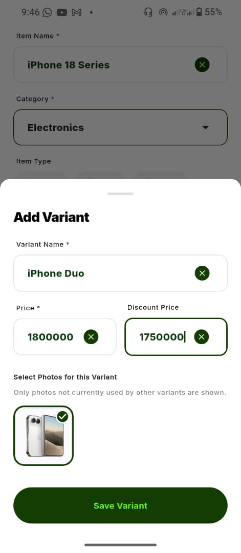 Cubrin Add Variant popup with an image, a variant name, and a price filled in for a Pro Max 256GB phone