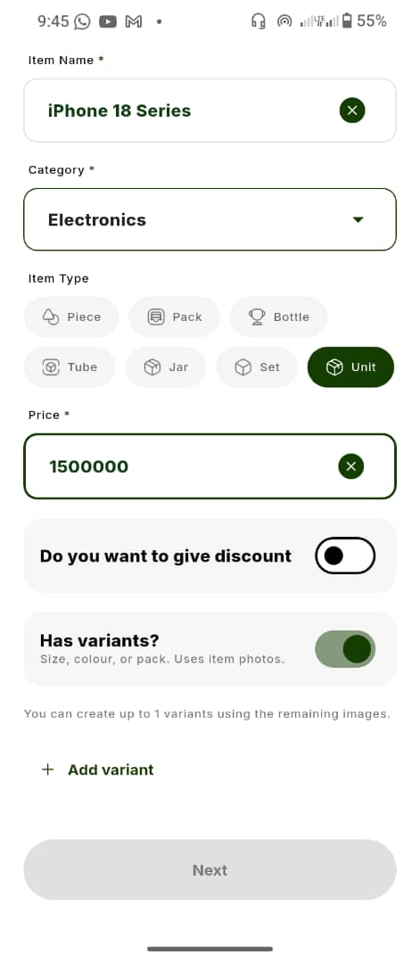 The Add Variants toggle below the base price field on the Cubrin Create Item screen