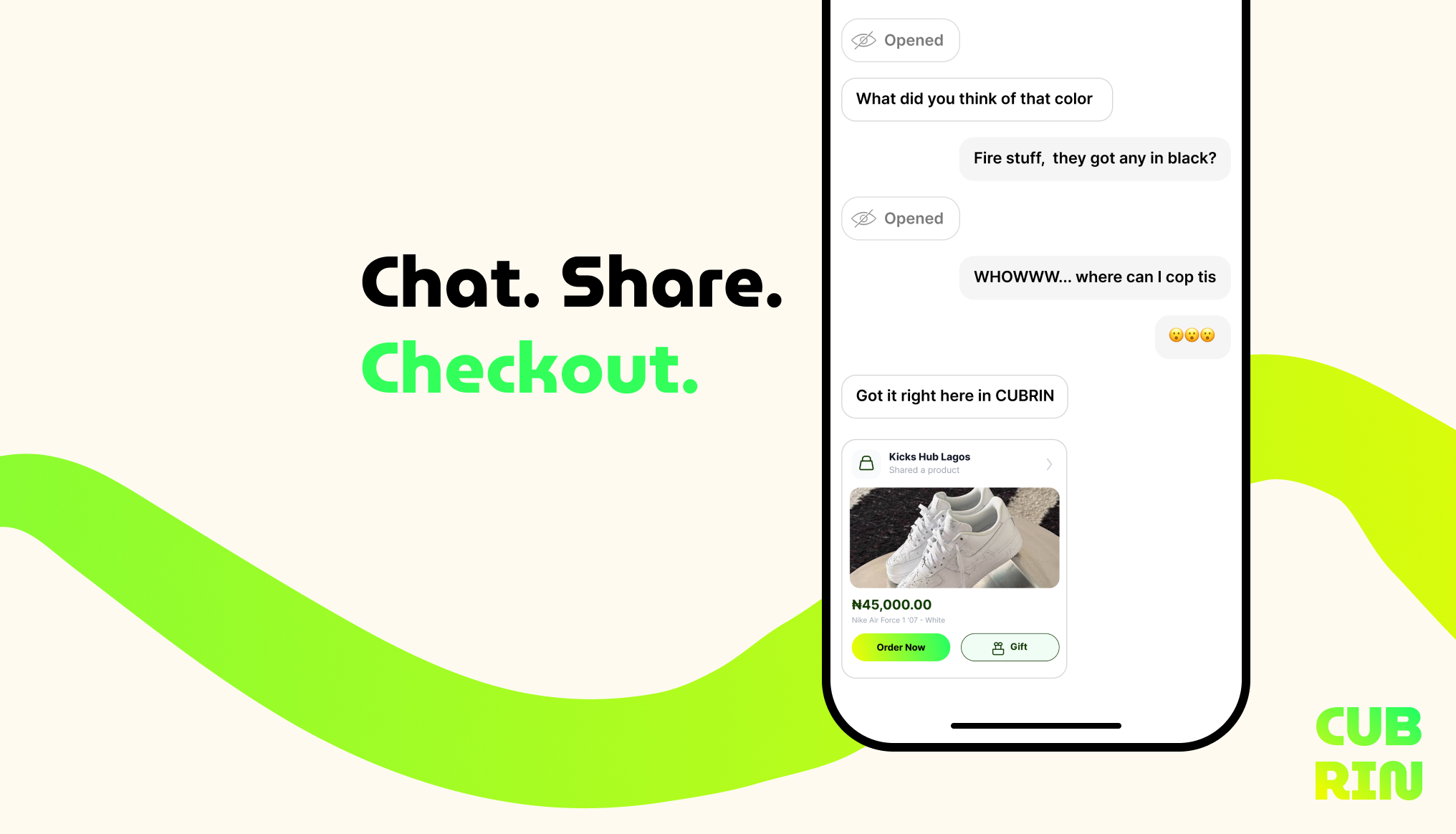 Cubrin Chat. Share. Checkout. — share items with friends in the Cubrin app