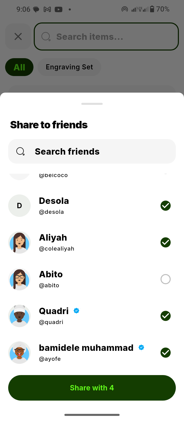 Selecting a friend to share a Cubrin item with